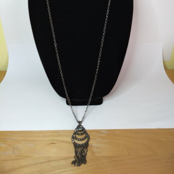 Liz Claiborne Black Tone Social Tower Rhinestone Dangle Fringe Pendant Statement - Picture 4 of 8